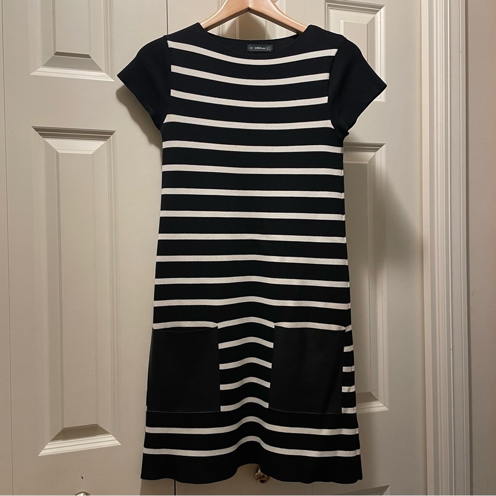 Zara Knit Striped Dress with Faux Leather Pockets - Size Sm